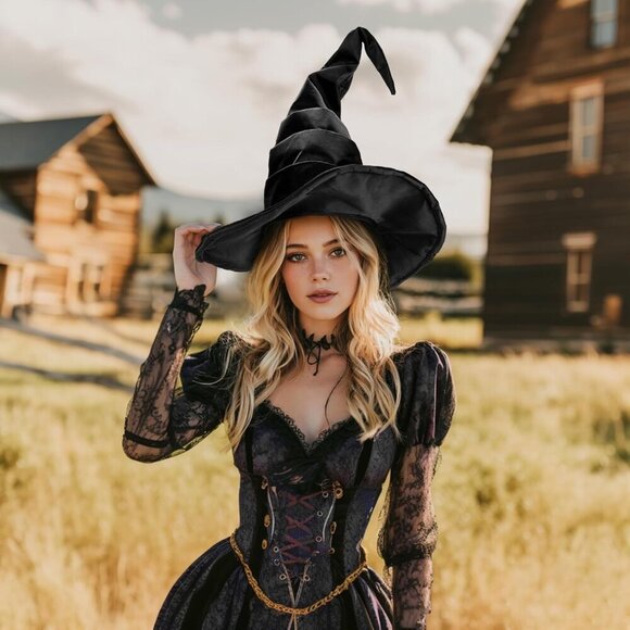 Women Witch Hat Black Matte Satin Ruched Costume Accessory main image 7